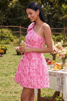 Load image into Gallery viewer, One Shoulder Fuchsia Floral A Line Short Prom Dress with Pockets