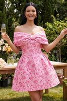 Load image into Gallery viewer, Fuchsia Floral Off the Shoulder A Line Short Prom Dress with Bow