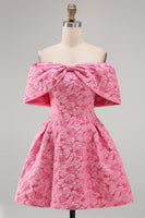 Load image into Gallery viewer, Fuchsia Floral Off the Shoulder A Line Short Prom Dress with Bow