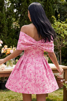 Load image into Gallery viewer, Fuchsia Floral Off the Shoulder A Line Short Prom Dress with Bow