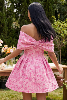 Fuchsia Floral Off the Shoulder A Line Short Prom Dress with Bow
