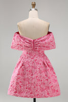 Load image into Gallery viewer, Fuchsia Floral Off the Shoulder A Line Short Prom Dress with Bow