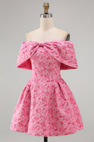 Load image into Gallery viewer, Fuchsia Floral Off the Shoulder A Line Short Prom Dress with Bow