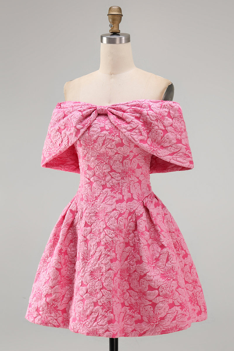 Load image into Gallery viewer, Fuchsia Floral Off the Shoulder A Line Short Prom Dress with Bow