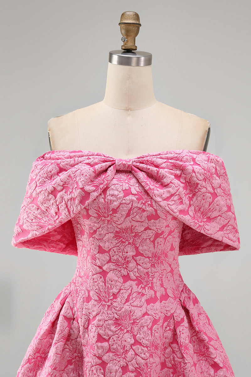 Load image into Gallery viewer, Fuchsia Floral Off the Shoulder A Line Short Prom Dress with Bow
