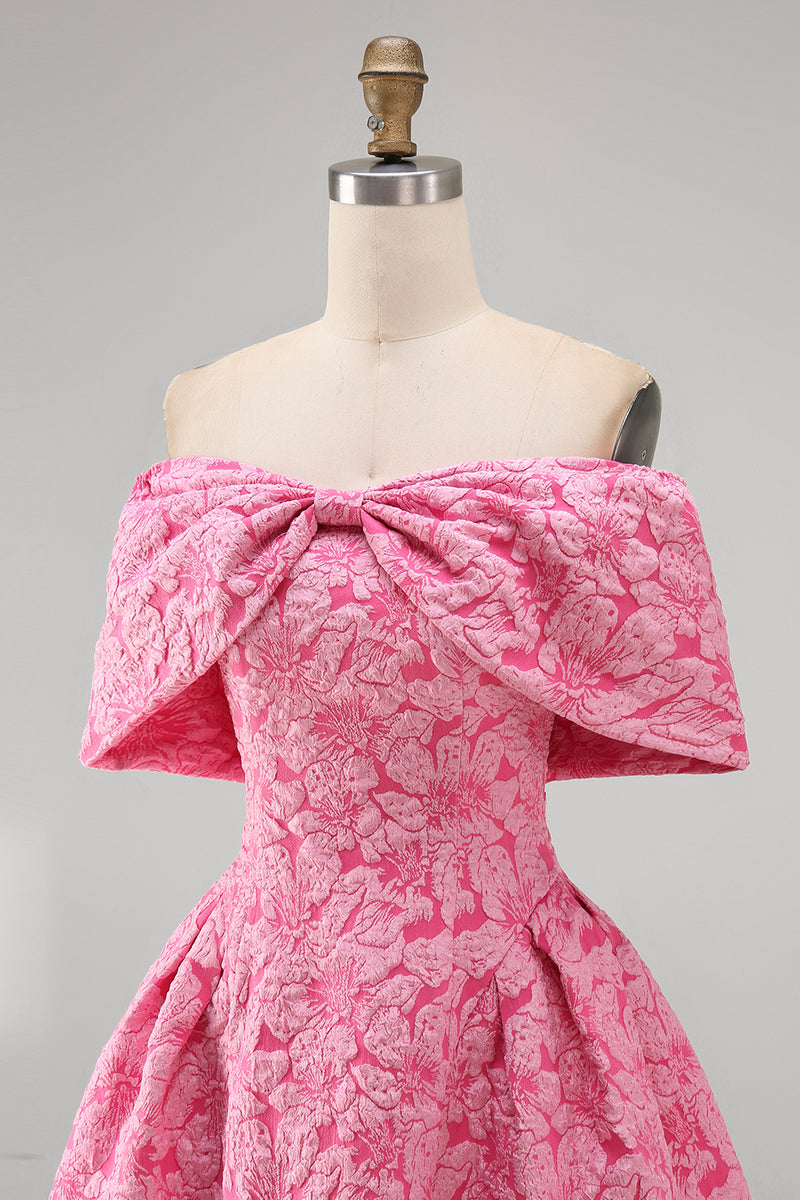 Load image into Gallery viewer, Fuchsia Floral Off the Shoulder A Line Short Prom Dress with Bow