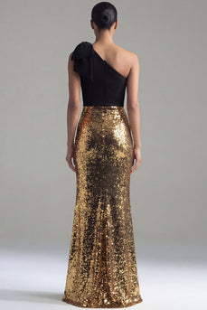 Mermaid Long Ruched Glitter Sequin Black and Gold One Shoulder Formal Dress with Bow