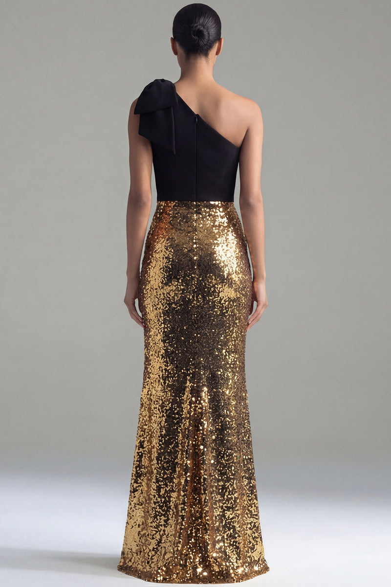 Load image into Gallery viewer, Mermaid Long Ruched Glitter Sequin Black and Gold One Shoulder Formal Dress with Bow