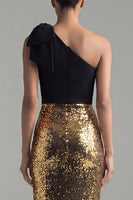 Load image into Gallery viewer, Mermaid Long Ruched Glitter Sequin Black and Gold One Shoulder Formal Dress with Bow