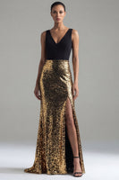 Load image into Gallery viewer, Mermaid V-Neck Long Glitter Black and Gold Sequin Formal Dress with Slit