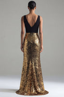 Load image into Gallery viewer, Mermaid V-Neck Long Glitter Black and Gold Sequin Formal Dress with Slit