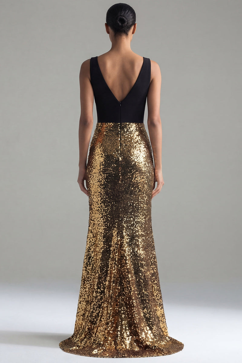 Load image into Gallery viewer, Mermaid V-Neck Long Glitter Black and Gold Sequin Formal Dress with Slit