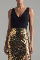Load image into Gallery viewer, Mermaid V-Neck Long Glitter Black and Gold Sequin Formal Dress with Slit