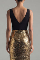 Load image into Gallery viewer, Mermaid V-Neck Long Glitter Black and Gold Sequin Formal Dress with Slit