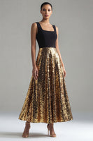 Load image into Gallery viewer, Glitter Square Neck A Line Black and Gold Maxi Sequin Formal Dress
