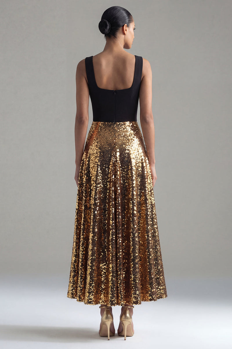 Load image into Gallery viewer, Glitter Square Neck A Line Black and Gold Maxi Sequin Formal Dress