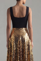 Load image into Gallery viewer, Glitter Square Neck A Line Black and Gold Maxi Sequin Formal Dress