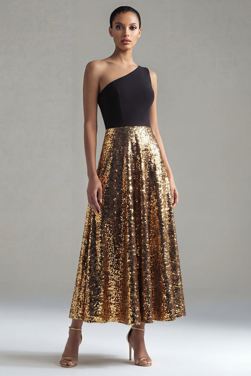 Load image into Gallery viewer, One Shoulder Glitter A Line Black and Gold Maxi Sequin Formal Dress
