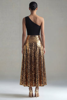 One Shoulder Glitter A Line Black and Gold Maxi Sequin Formal Dress
