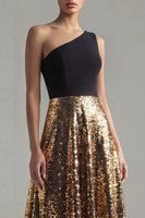Load image into Gallery viewer, One Shoulder Glitter A Line Black and Gold Maxi Sequin Formal Dress