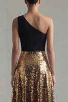 Load image into Gallery viewer, One Shoulder Glitter A Line Black and Gold Maxi Sequin Formal Dress