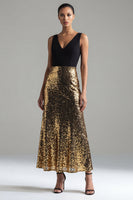 Load image into Gallery viewer, A Line Glitter Black and Gold V-Neck Maxi Sequin Formal Dress