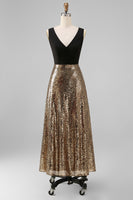 Load image into Gallery viewer, A Line Glitter Black and Gold V-Neck Maxi Sequin Formal Dress