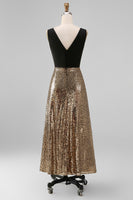 Load image into Gallery viewer, A Line Glitter Black and Gold V-Neck Maxi Sequin Formal Dress