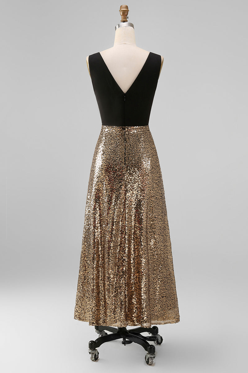 Load image into Gallery viewer, A Line Glitter Black and Gold V-Neck Maxi Sequin Formal Dress
