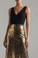 Load image into Gallery viewer, A Line Glitter Black and Gold V-Neck Maxi Sequin Formal Dress