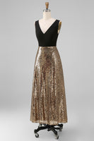 Load image into Gallery viewer, A Line Glitter Black and Gold V-Neck Maxi Sequin Formal Dress