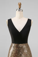Load image into Gallery viewer, A Line Glitter Black and Gold V-Neck Maxi Sequin Formal Dress