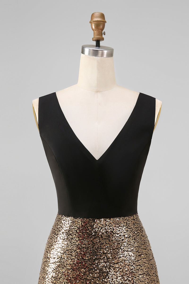 Load image into Gallery viewer, A Line Glitter Black and Gold V-Neck Maxi Sequin Formal Dress