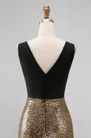 Load image into Gallery viewer, A Line Glitter Black and Gold V-Neck Maxi Sequin Formal Dress