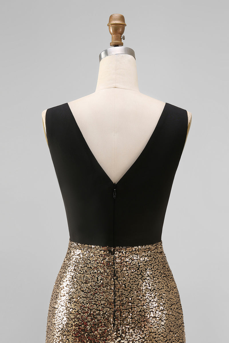 Load image into Gallery viewer, A Line Glitter Black and Gold V-Neck Maxi Sequin Formal Dress