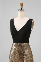 Load image into Gallery viewer, A Line Glitter Black and Gold V-Neck Maxi Sequin Formal Dress