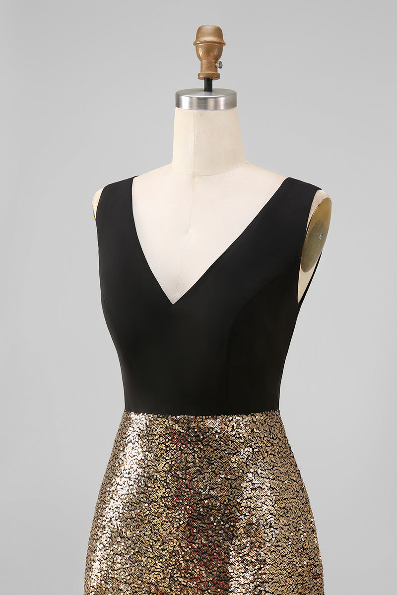 Load image into Gallery viewer, A Line Glitter Black and Gold V-Neck Maxi Sequin Formal Dress