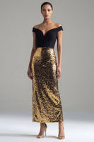 Load image into Gallery viewer, Off the Shoulder Sheath Glitter Black and Gold Maxi Sequin Formal Dress with Back Slit