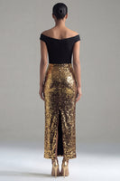 Load image into Gallery viewer, Off the Shoulder Sheath Glitter Black and Gold Maxi Sequin Formal Dress with Back Slit