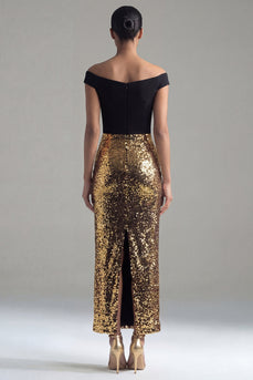 Off the Shoulder Sheath Glitter Black and Gold Maxi Sequin Formal Dress with Back Slit