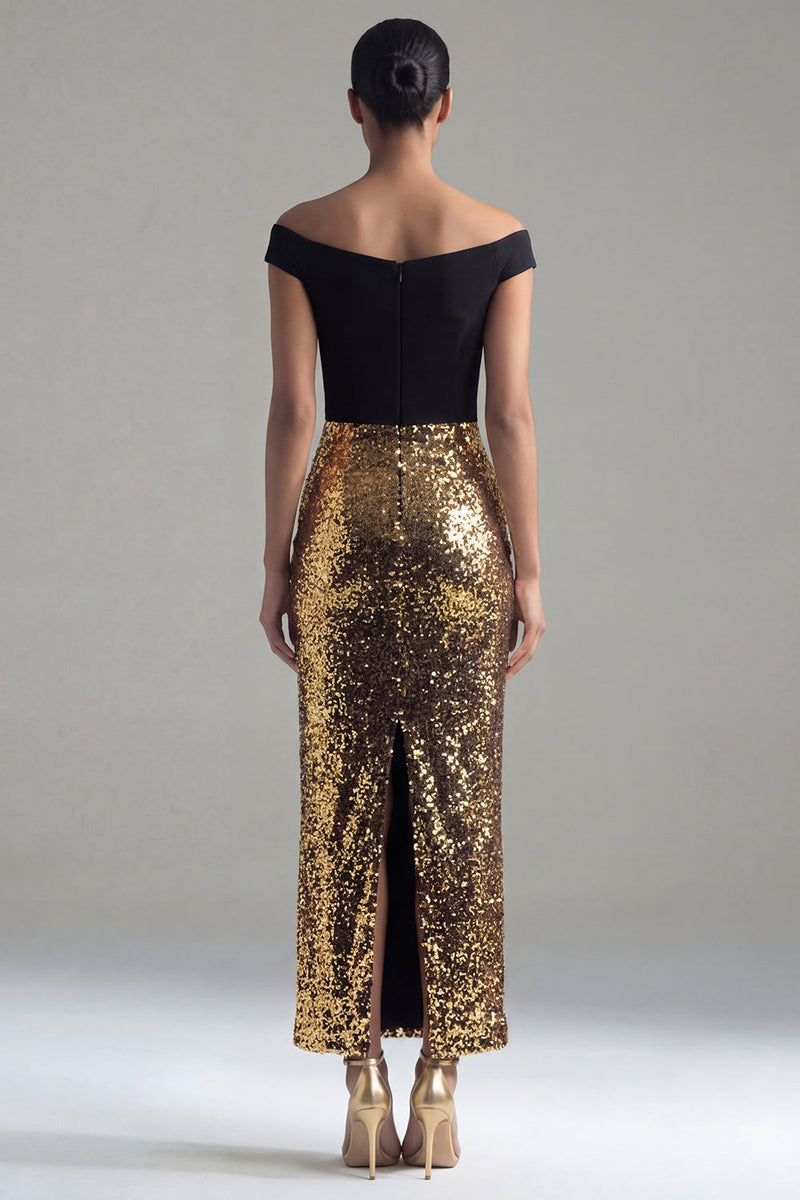 Load image into Gallery viewer, Off the Shoulder Sheath Glitter Black and Gold Maxi Sequin Formal Dress with Back Slit