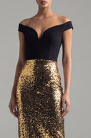 Load image into Gallery viewer, Off the Shoulder Sheath Glitter Black and Gold Maxi Sequin Formal Dress with Back Slit