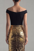 Load image into Gallery viewer, Off the Shoulder Sheath Glitter Black and Gold Maxi Sequin Formal Dress with Back Slit