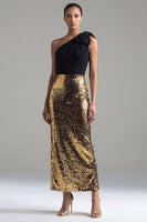Load image into Gallery viewer, Black and Gold One Shoulder Glitter Maxi Sheath Sequin Formal Dress with Bow