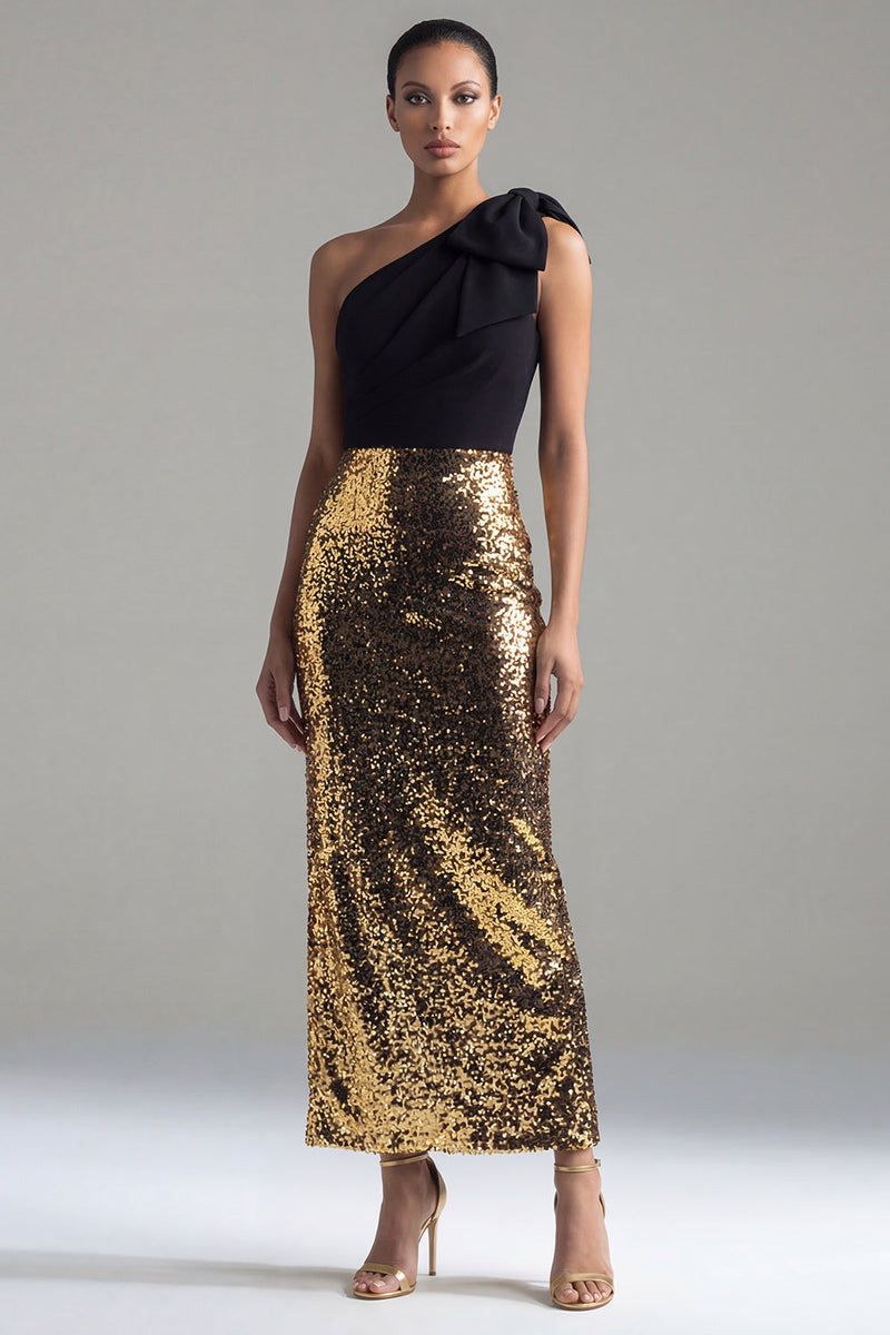 Load image into Gallery viewer, Black and Gold One Shoulder Glitter Maxi Sheath Sequin Formal Dress with Bow