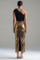 Load image into Gallery viewer, Black and Gold One Shoulder Glitter Maxi Sheath Sequin Formal Dress with Bow