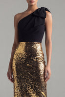 Load image into Gallery viewer, Black and Gold One Shoulder Glitter Maxi Sheath Sequin Formal Dress with Bow