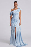Load image into Gallery viewer, Sky Blue One Shoulder Ruched Mermaid Long Formal Dress with Side Cape
