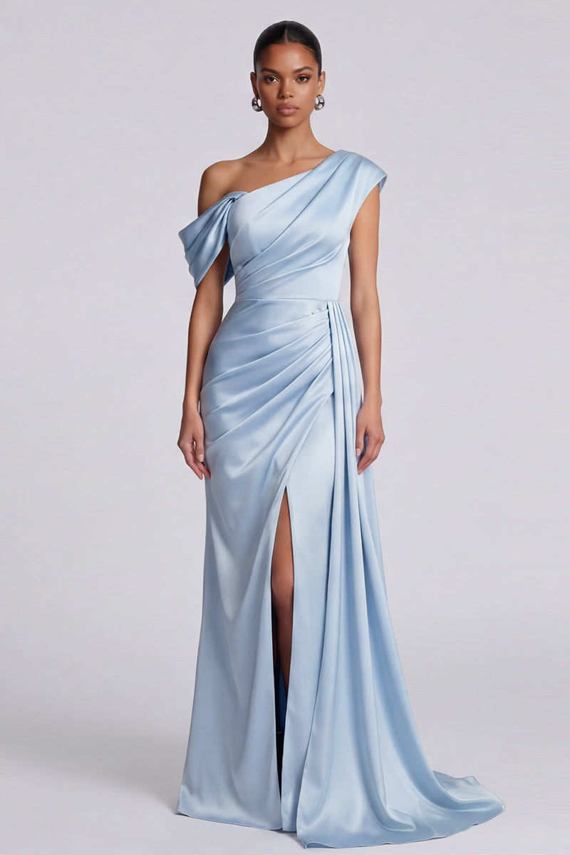 Load image into Gallery viewer, Sky Blue One Shoulder Ruched Mermaid Long Formal Dress with Side Cape