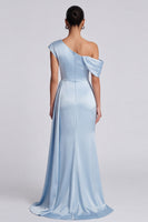 Load image into Gallery viewer, Sky Blue One Shoulder Ruched Mermaid Long Formal Dress with Side Cape